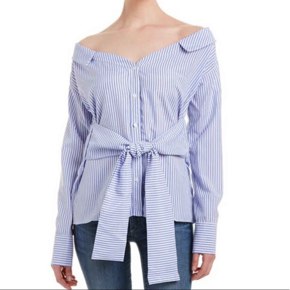 English Factory Top Off Shoulder Striped Tie Waist Classic Elegant Blue White